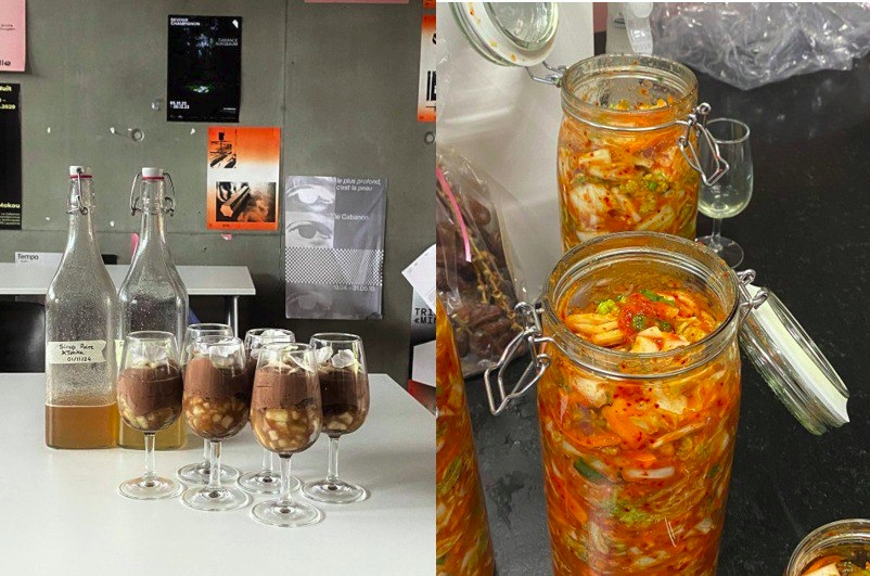 fermented drinks in glasses next to fermented dish in a jar